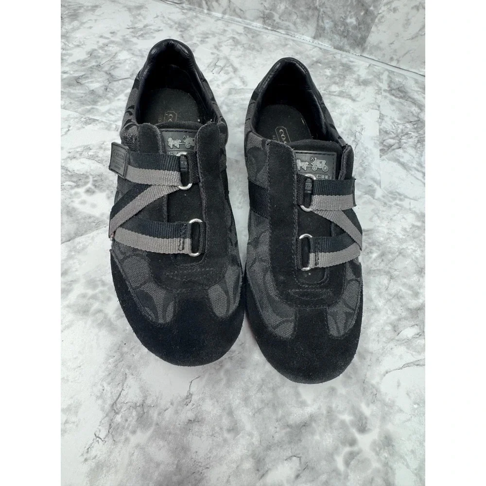 Coach Signature 🖤Jacquard Z-Strap Sneakers Black Grey Suede Trim Low Top Shoes - Picture 5 of 12